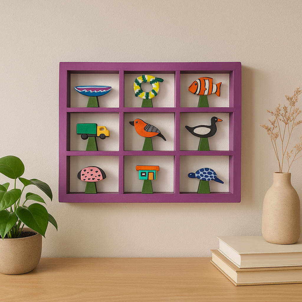Quadro Decorativo com 9 Nichos Roxo, Artesanato Amazônico em Madeira de Buriti, 46x36x3cm