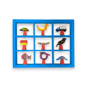 Quadro Decorativo com 9 Nichos AZUL, Artesanato Amazônico em Madeira de Buriti, 46x36x3cm