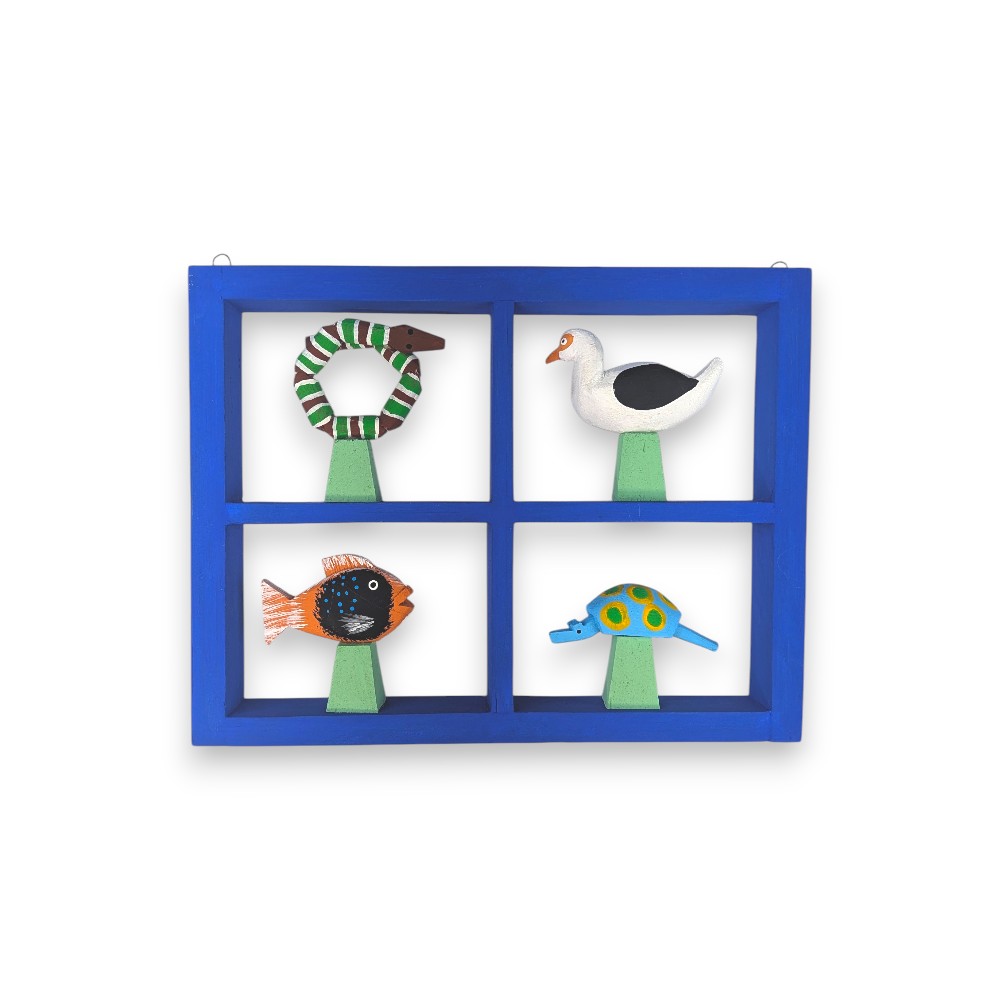Quadro Decorativo com 4 Nichos AZUL, Artesanato Amazônico em Madeira de Buriti, 30x24x3